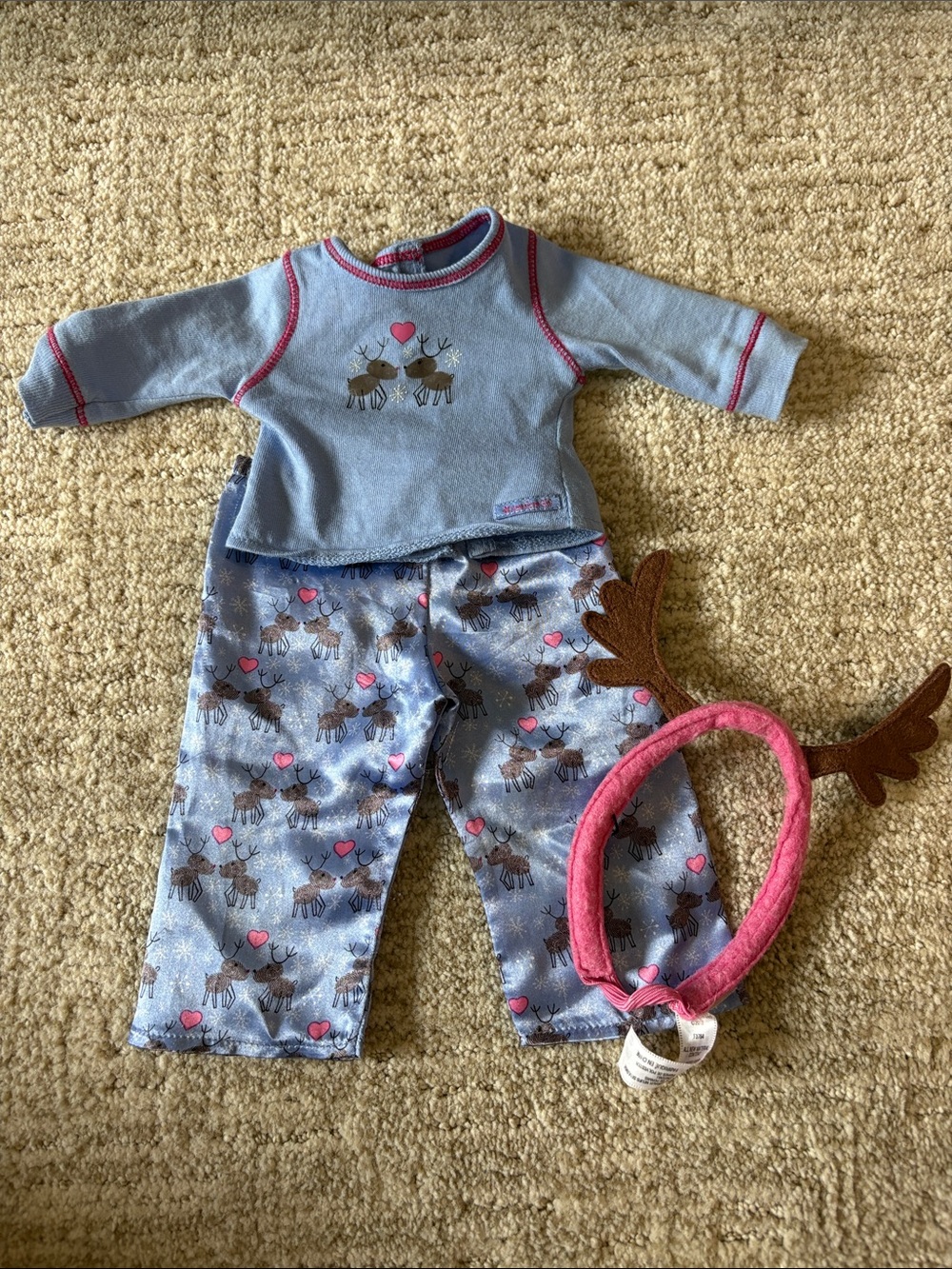 American Girl Light Blue Pajama Top with Pink Logo and Reindeer Print